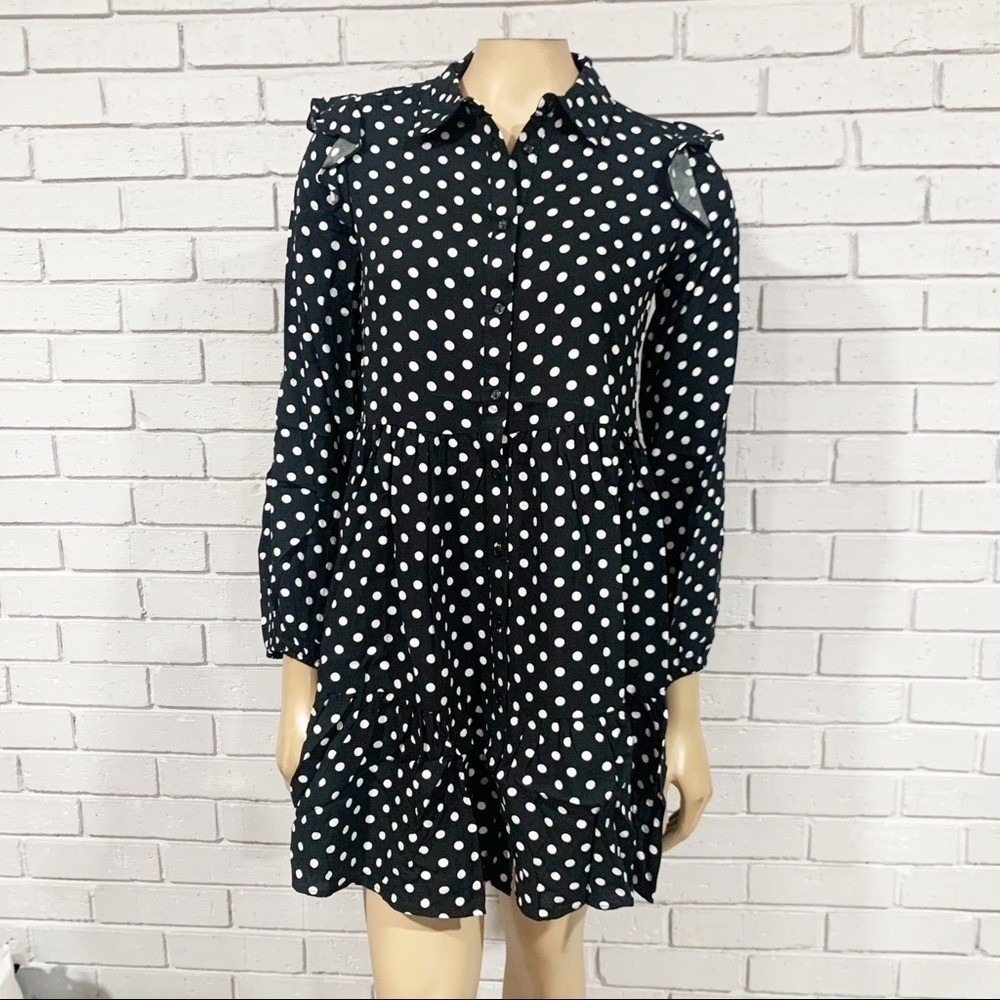 Stradivarius Polka Dot Tiered Mini Shirt Dress Ruffle Shoulder Coquette M NWT